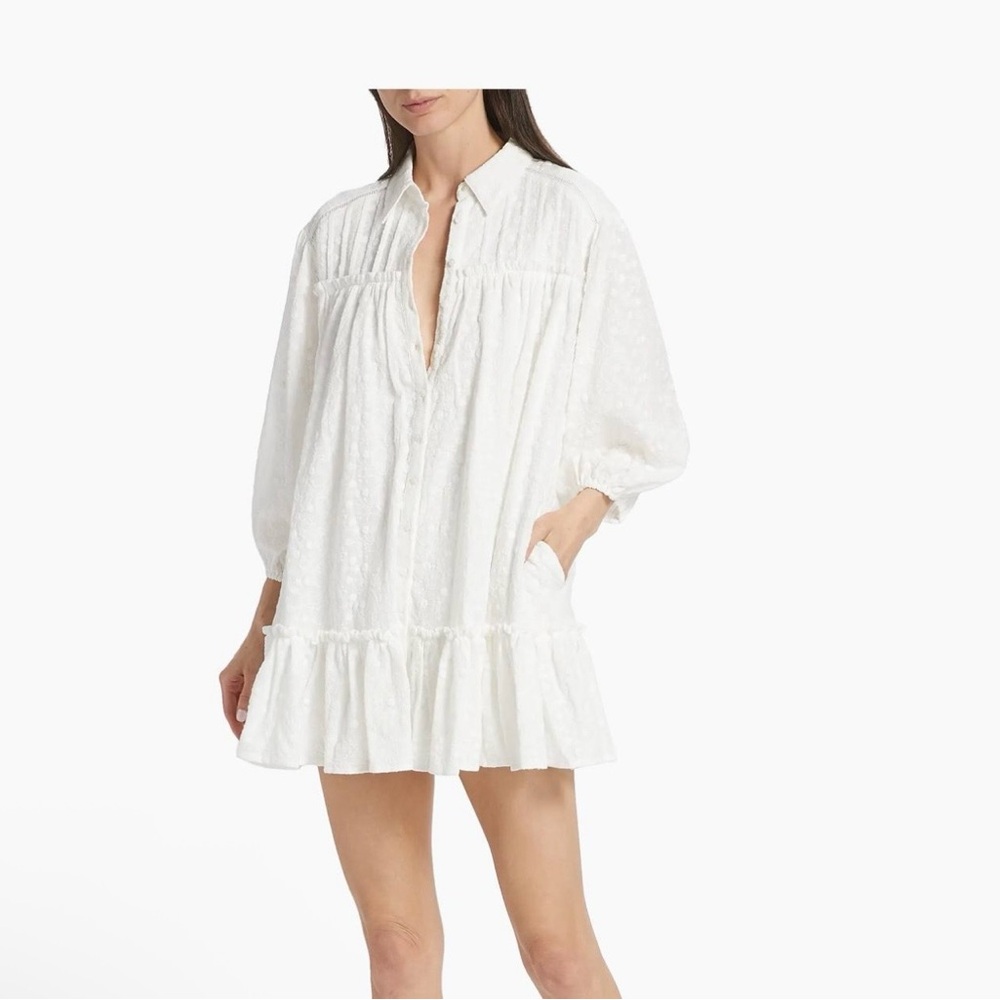 Line & Dot White Ruffle Hem Gauze Mini Dress